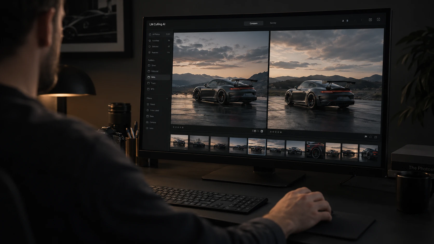 Confronto di due scatti automotive sul monitor: scena AI con interfaccia illustrativa